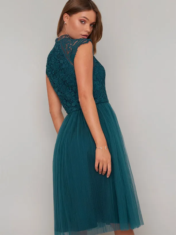 Midi Dress with Floral Crochet Design in Green sold by Chi Chi London product image thumbnail 3