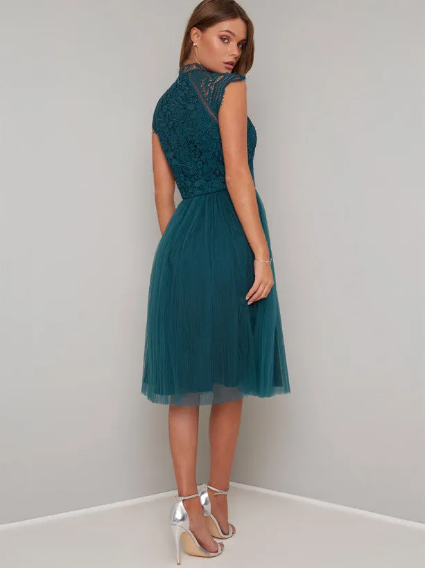 Midi Dress with Floral Crochet Design in Green sold by Chi Chi London product image thumbnail 4