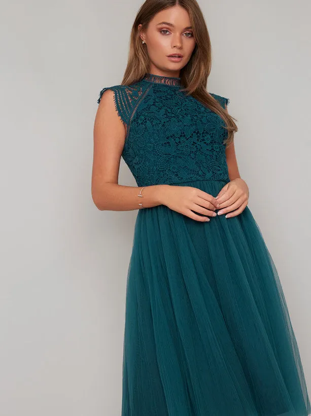 Midi Dress with Floral Crochet Design in Green sold by Chi Chi London product image thumbnail 2