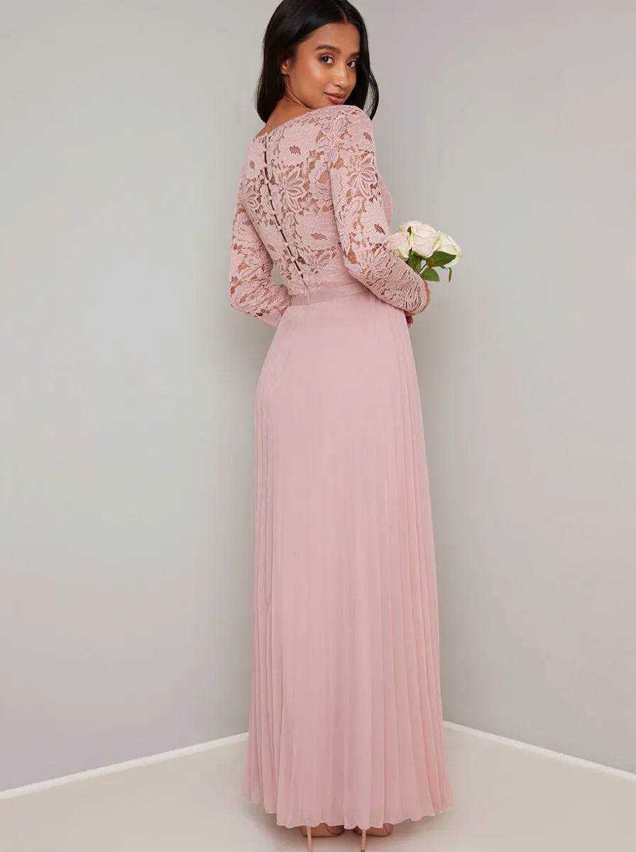Petite Long Sleeved Lace Pleat Maxi Dress in Pink sold by Chi Chi London product image thumbnail 4