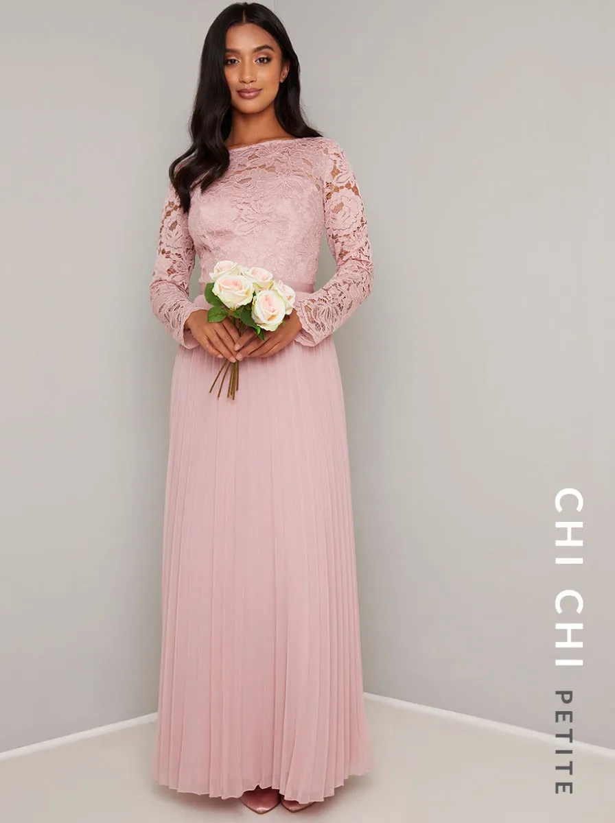 Petite Long Sleeved Lace Pleat Maxi Dress in Pink sold by Chi Chi London