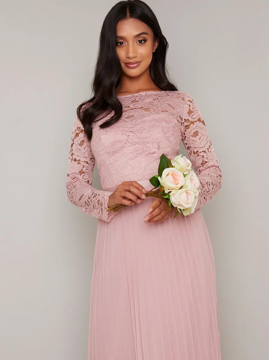Petite Long Sleeved Lace Pleat Maxi Dress in Pink sold by Chi Chi London product image thumbnail 2