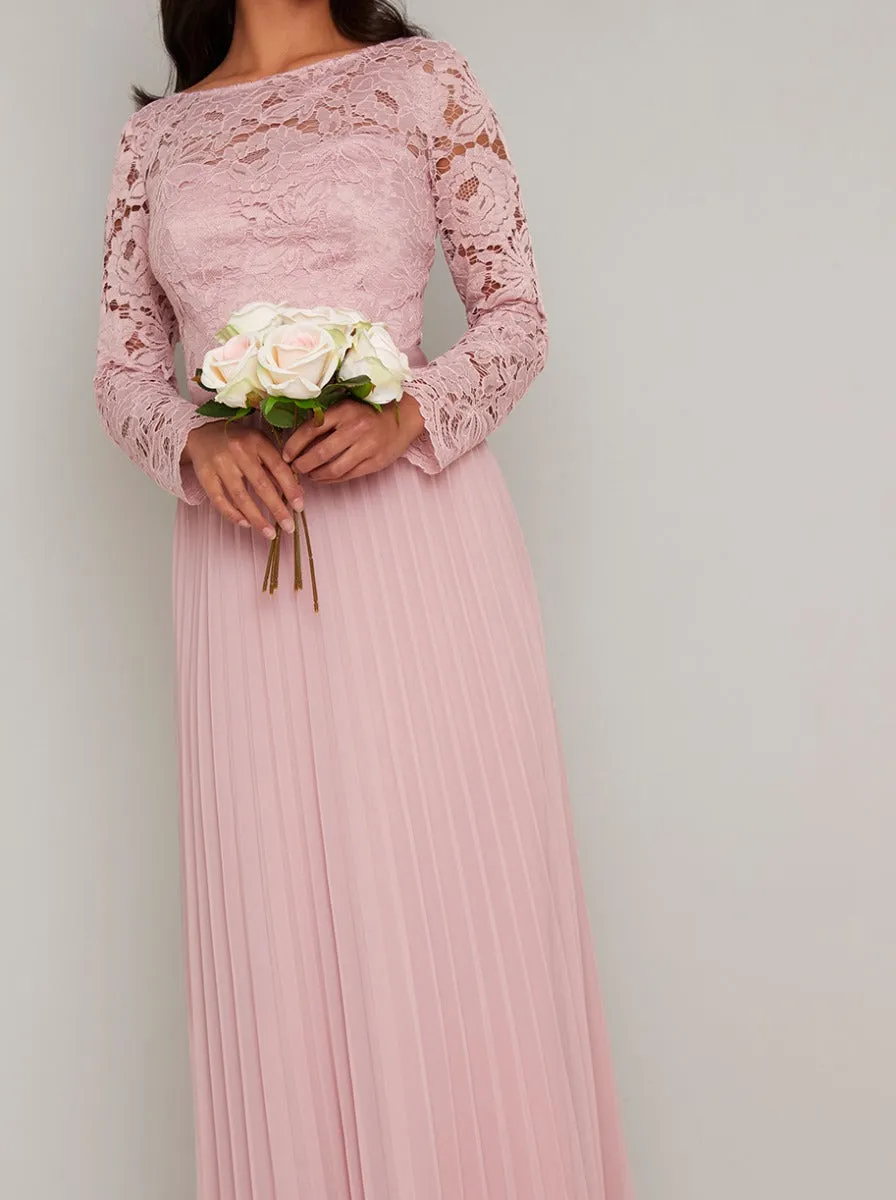 Petite Long Sleeved Lace Pleat Maxi Dress in Pink sold by Chi Chi London product image thumbnail 3