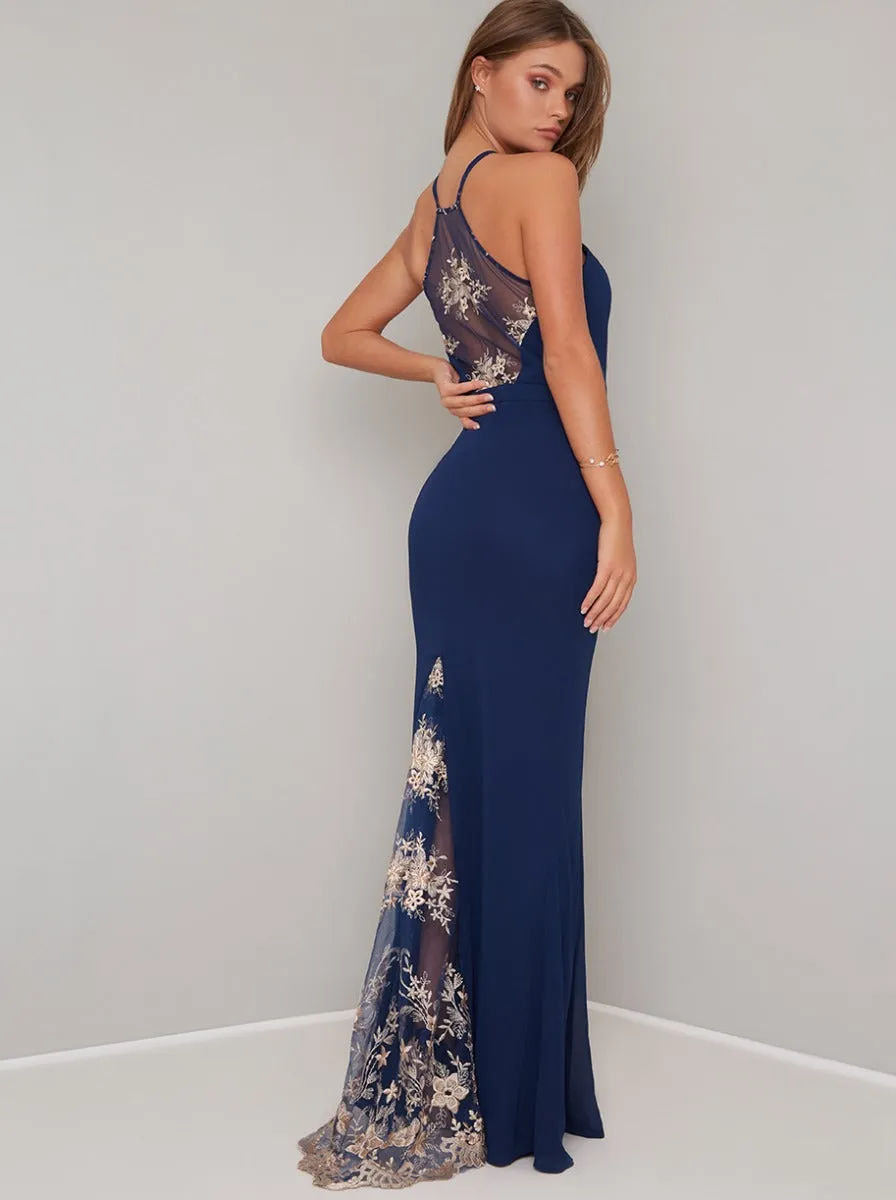 Cami Strap Lace Panel Maxi Dress in Blue sold by Chi Chi London