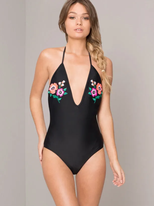 Floral Embroidered Halter Swimsuit in Black sold by Chi Chi London product image thumbnail 2