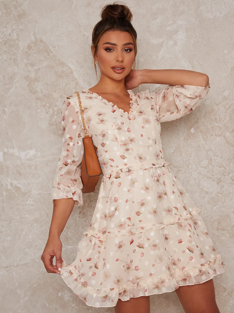 Ruffle Floral Print Mini Day Dress in Cream sold by Chi Chi London