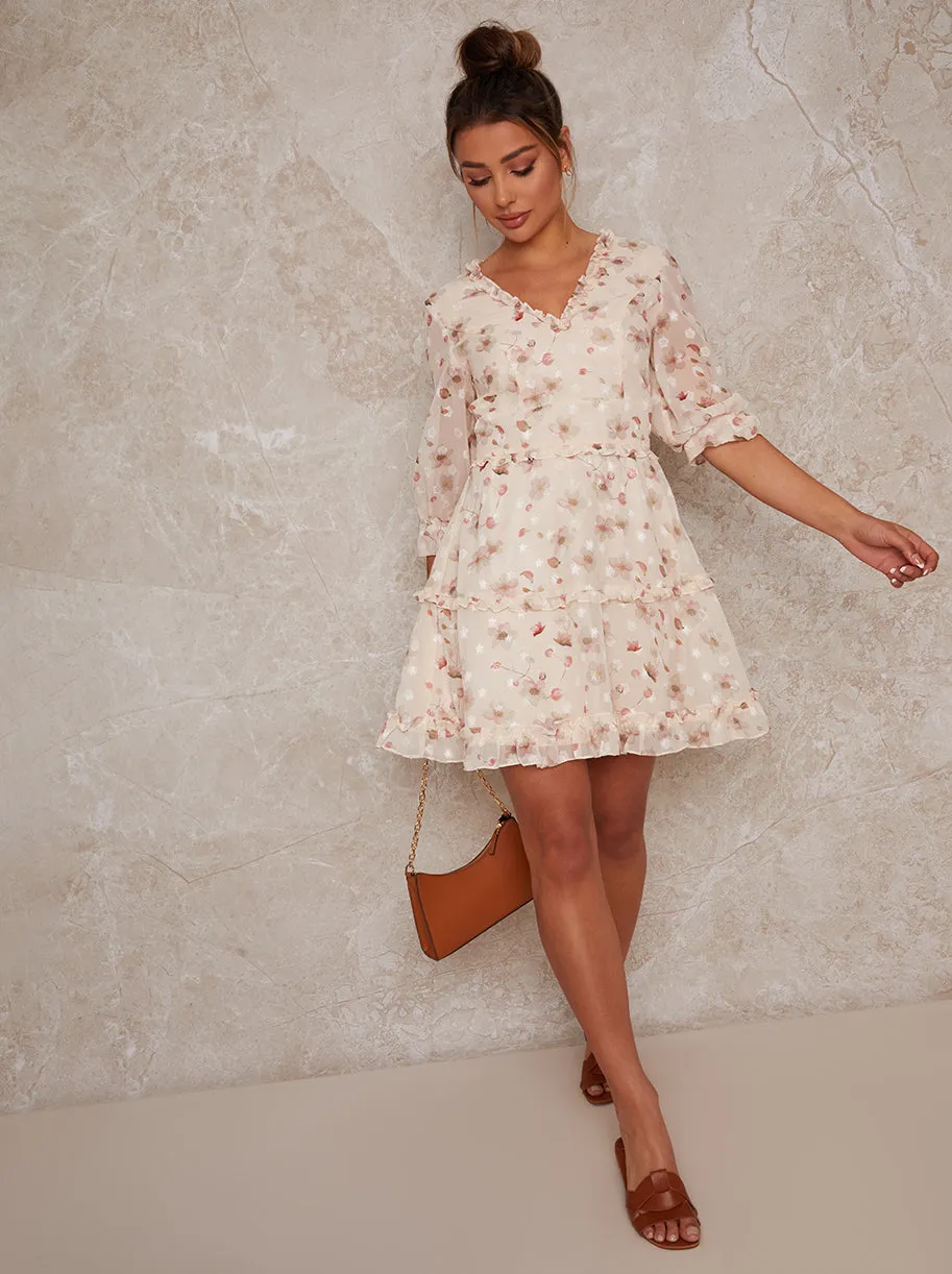 Ruffle Floral Print Mini Day Dress in Cream sold by Chi Chi London product image thumbnail 2