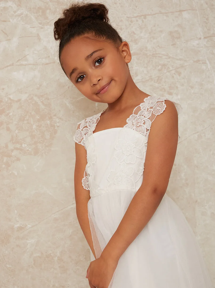 Girls Crochet Trim Dress with Mesh Skirt in White sold by Chi Chi London product image thumbnail 3