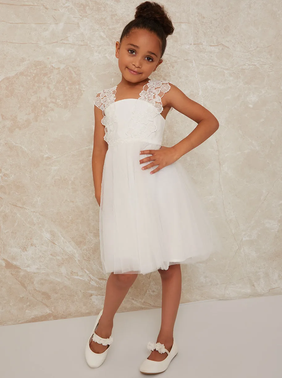 Girls Crochet Trim Dress with Mesh Skirt in White sold by Chi Chi London product image thumbnail 4