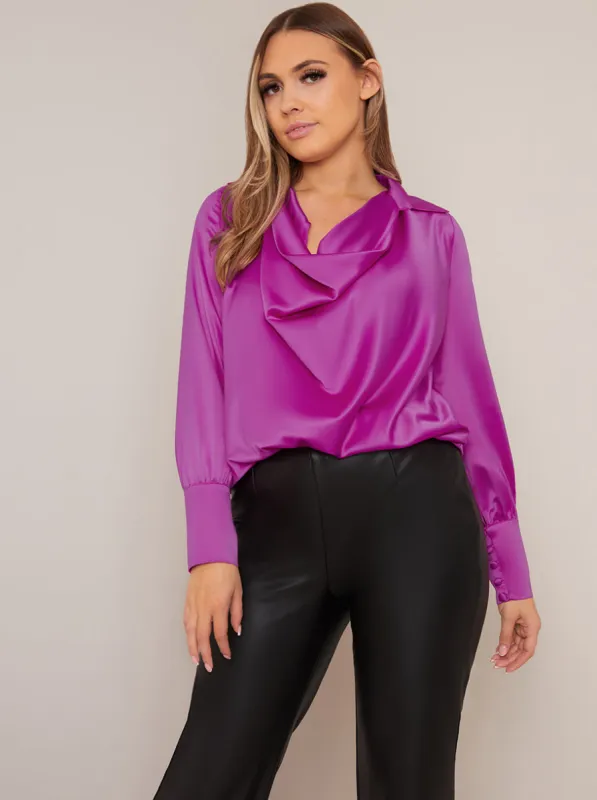 Long Sleeve Cowl Neck Top in Purple sold by Chi Chi London