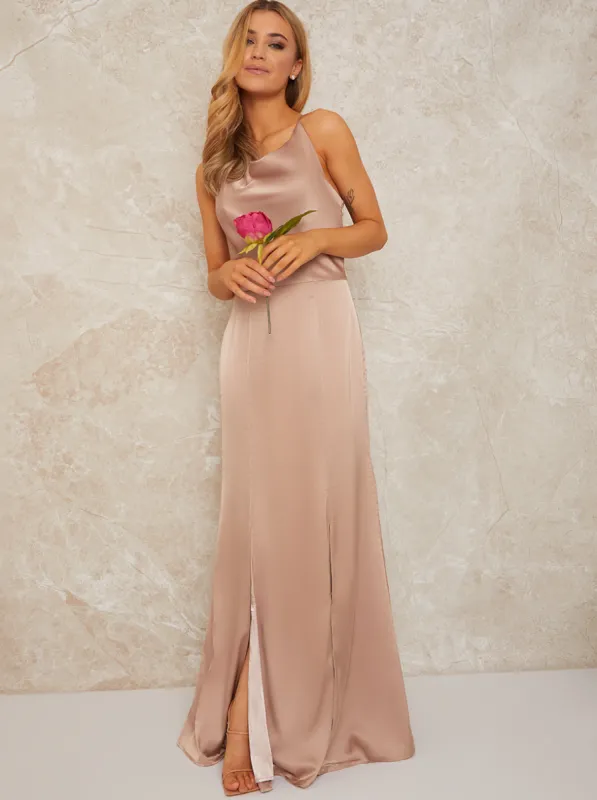 Satin Slip Cowl Neck Maxi Dress in Champagne sold by Chi Chi London