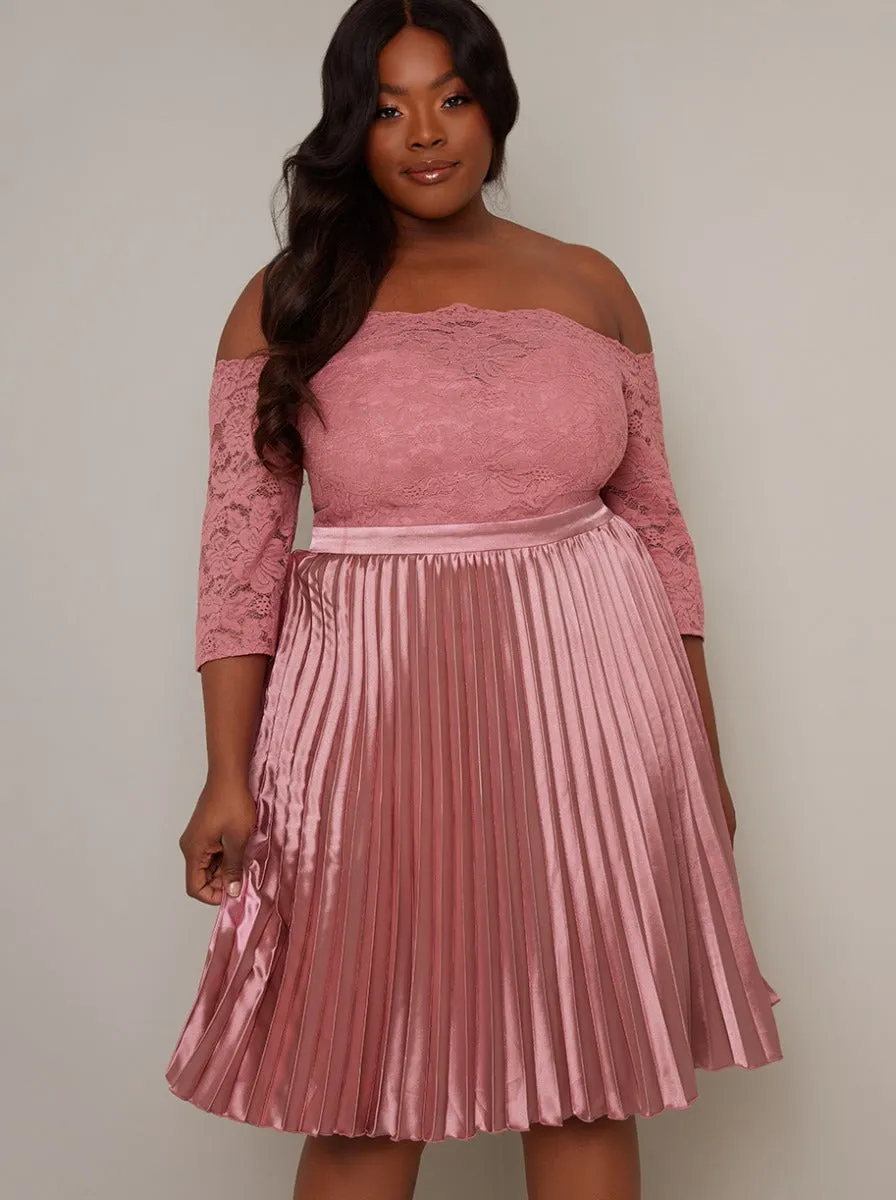 Plus Size Bardot Lace 3/4 Sleeve Midi Dress in Pink sold by Chi Chi London