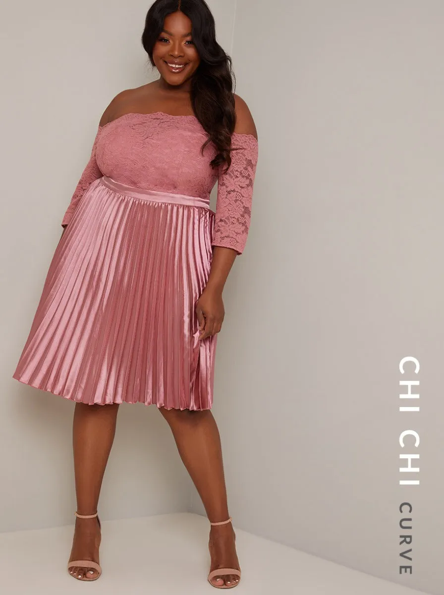 Plus Size Bardot Lace 3/4 Sleeve Midi Dress in Pink sold by Chi Chi London product image thumbnail 2