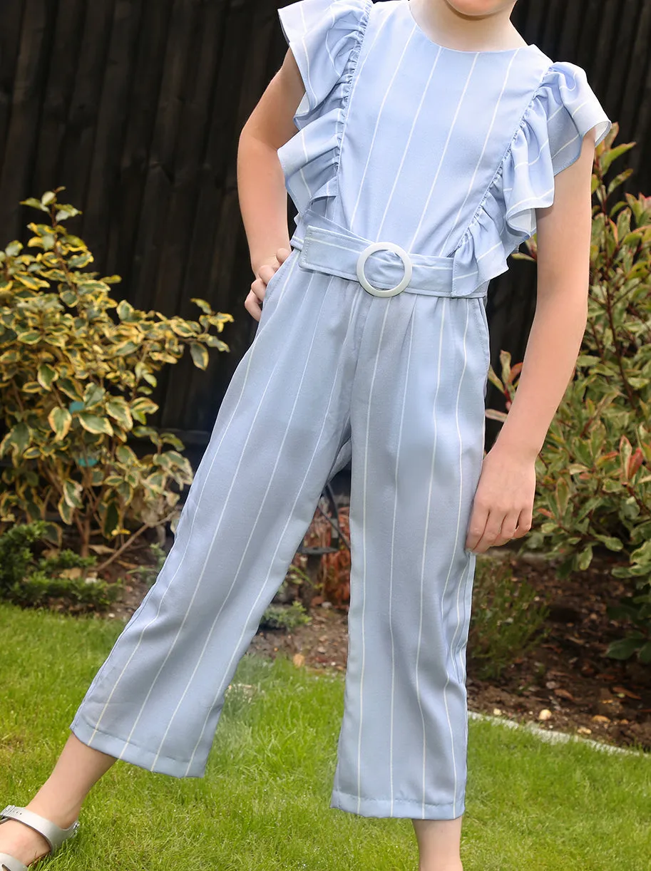 Girls Ruffle Design Striped Belted Jumpsuit in Blue sold by Chi Chi London product image thumbnail 2