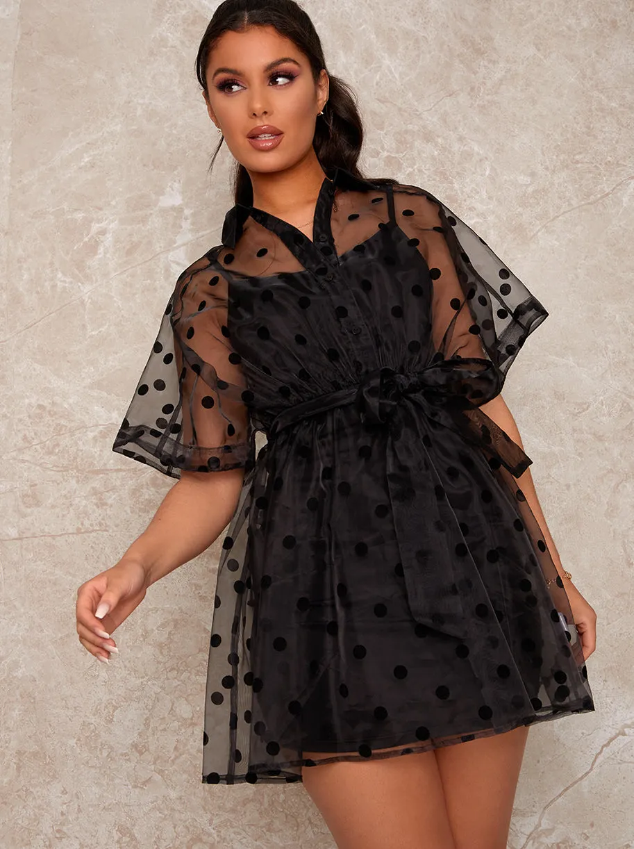 Sheer Polka Dot Mini Shirt Dress in Black sold by Chi Chi London product image thumbnail 2