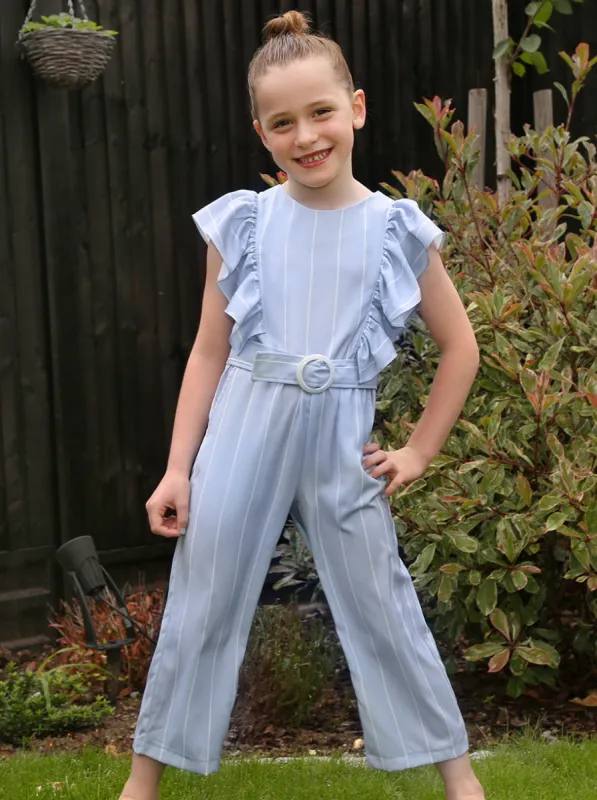 Girls Ruffle Design Striped Belted Jumpsuit in Blue sold by Chi Chi London