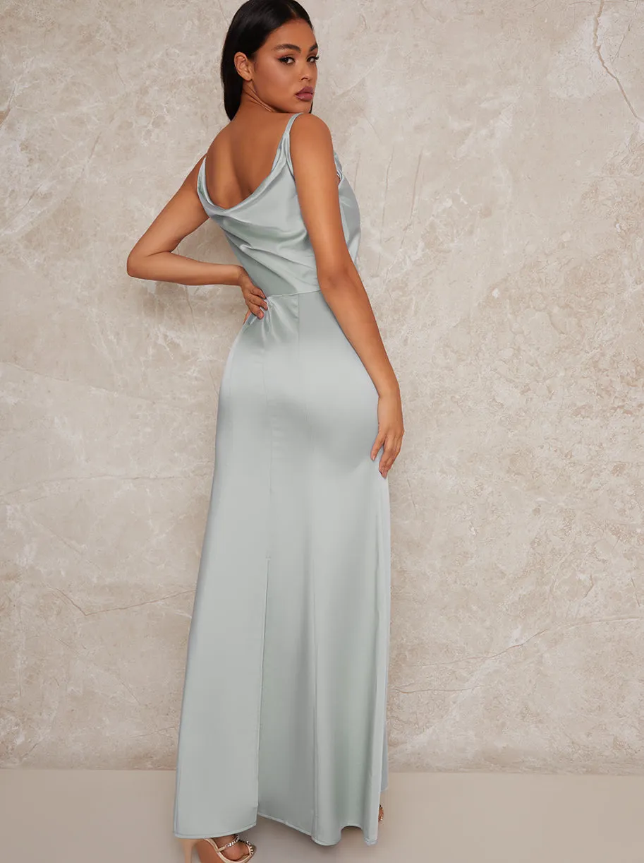 Cowl Neck Satin Slip Maxi Dress in Light Green sold by Chi Chi London