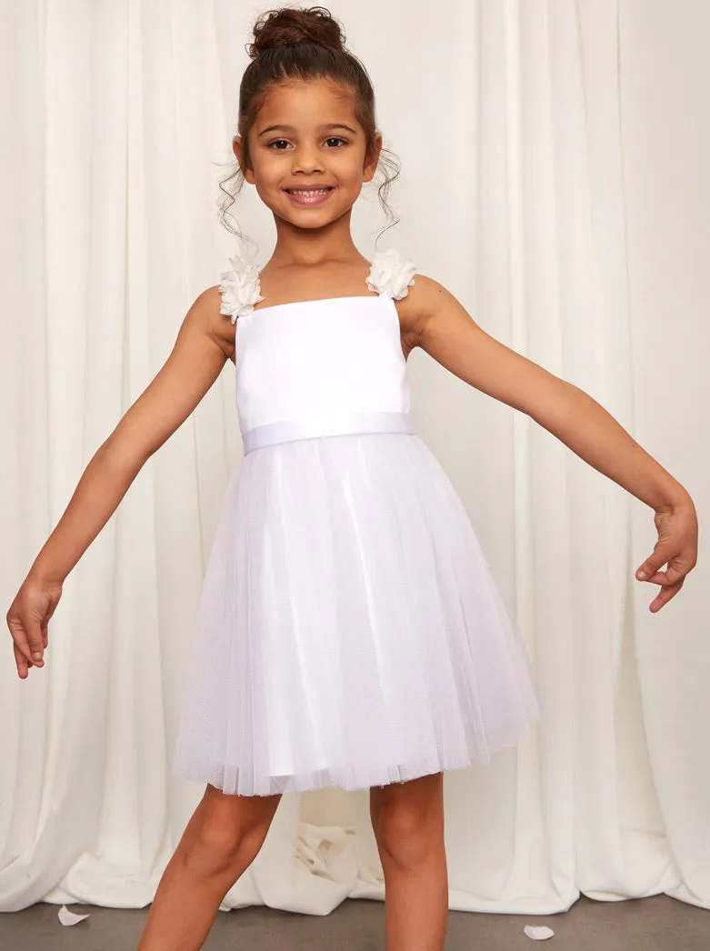 Younger Girls 3D Floral Strap Tulle Midi Dress in White sold by Chi Chi London