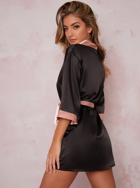Satin Contrast Hem Robe in Black sold by Chi Chi London