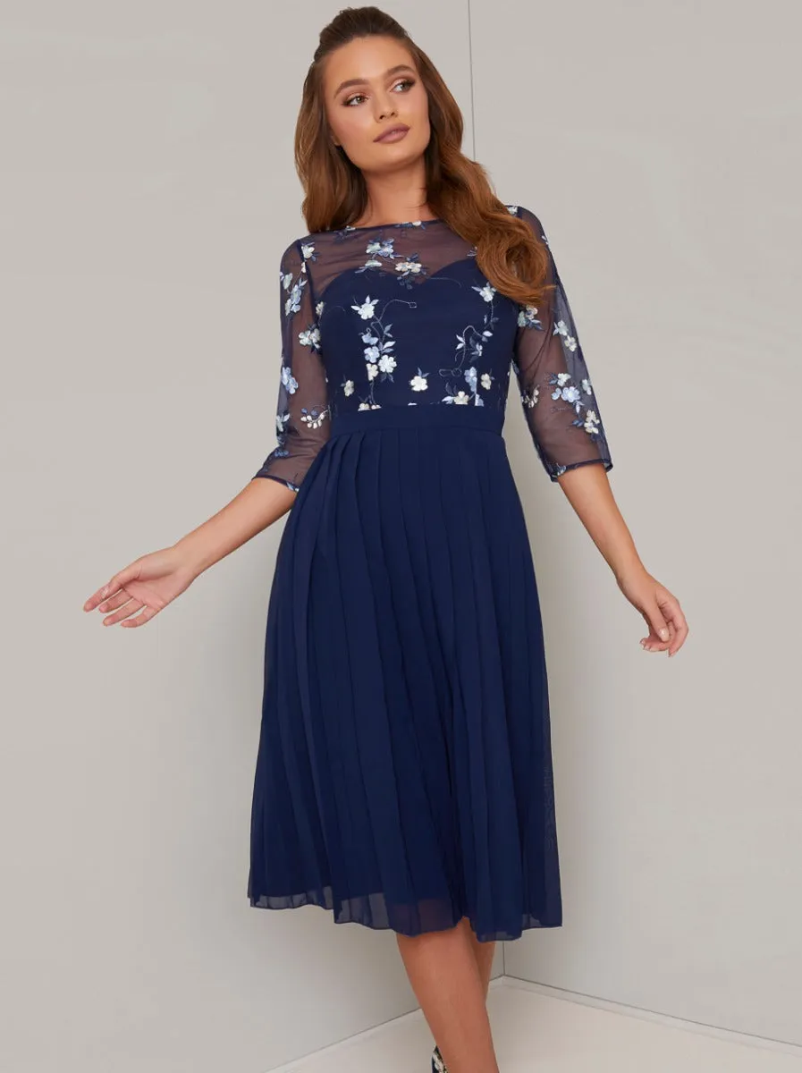 Embroidered 3/4 Sleeved Pleat Midi Dress in Blue sold by Chi Chi London product image thumbnail 3