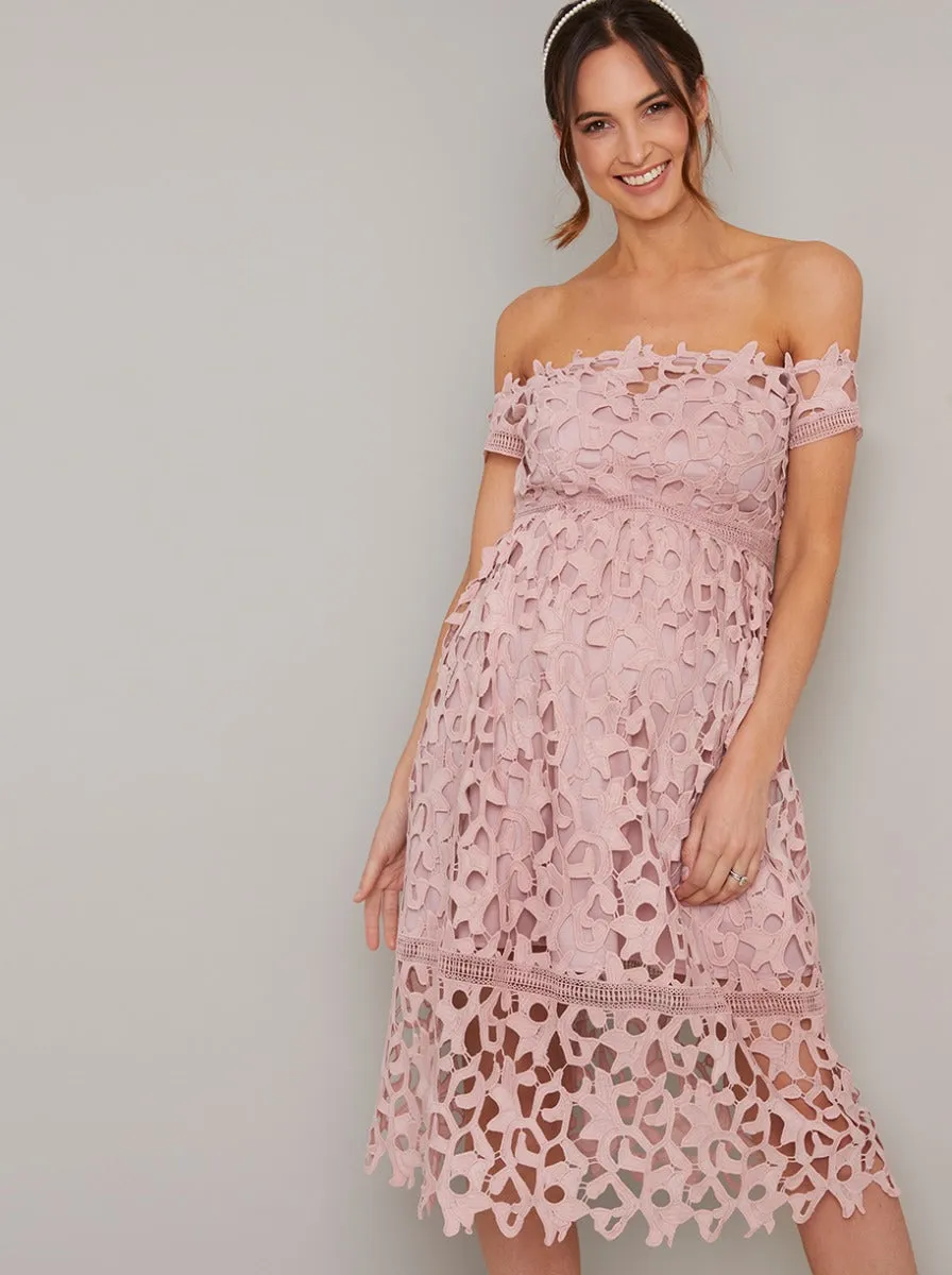 Maternity Bardot Crochet Midi Dress in Pink sold by Chi Chi London product image thumbnail 3