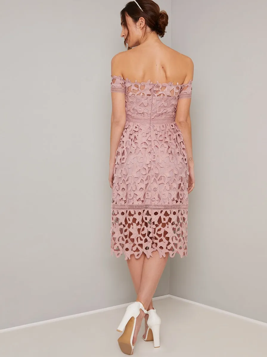 Maternity Bardot Crochet Midi Dress in Pink sold by Chi Chi London product image thumbnail 4
