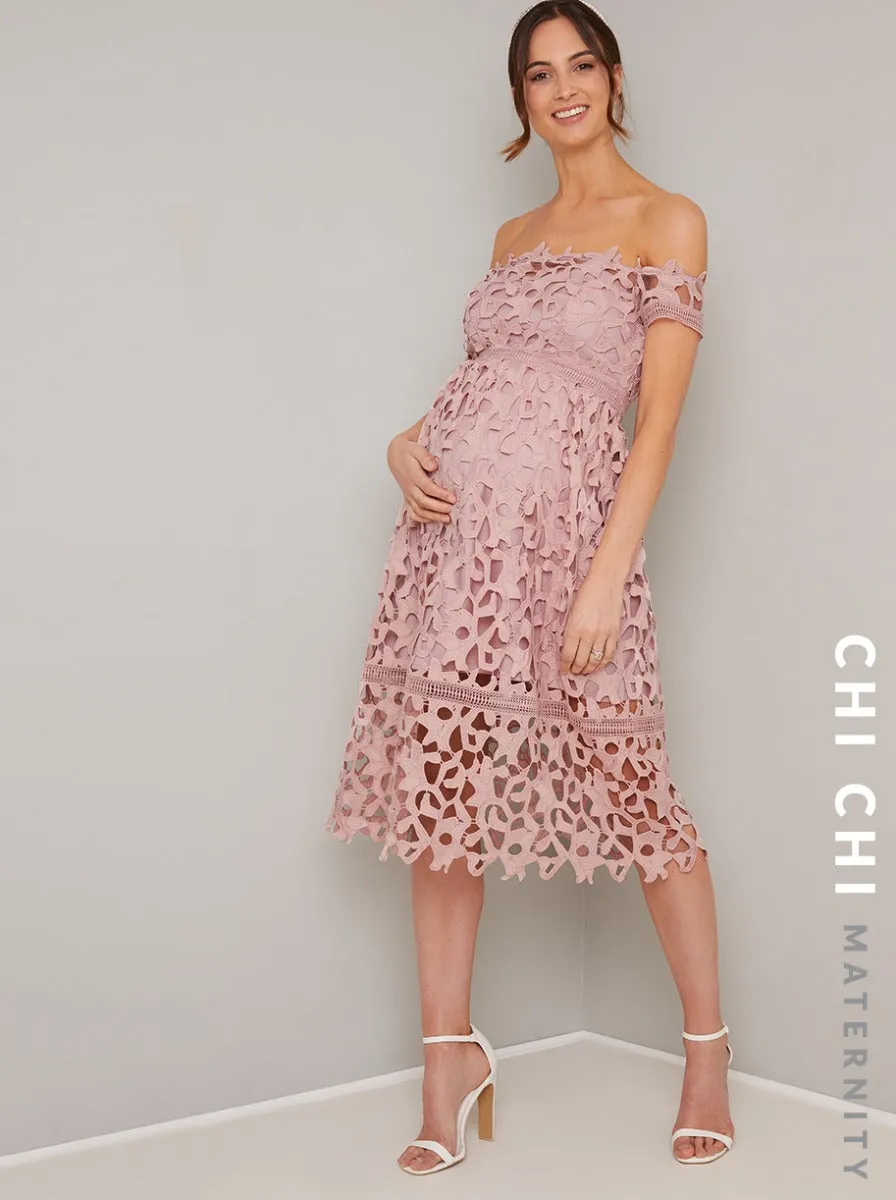 Maternity Bardot Crochet Midi Dress in Pink sold by Chi Chi London