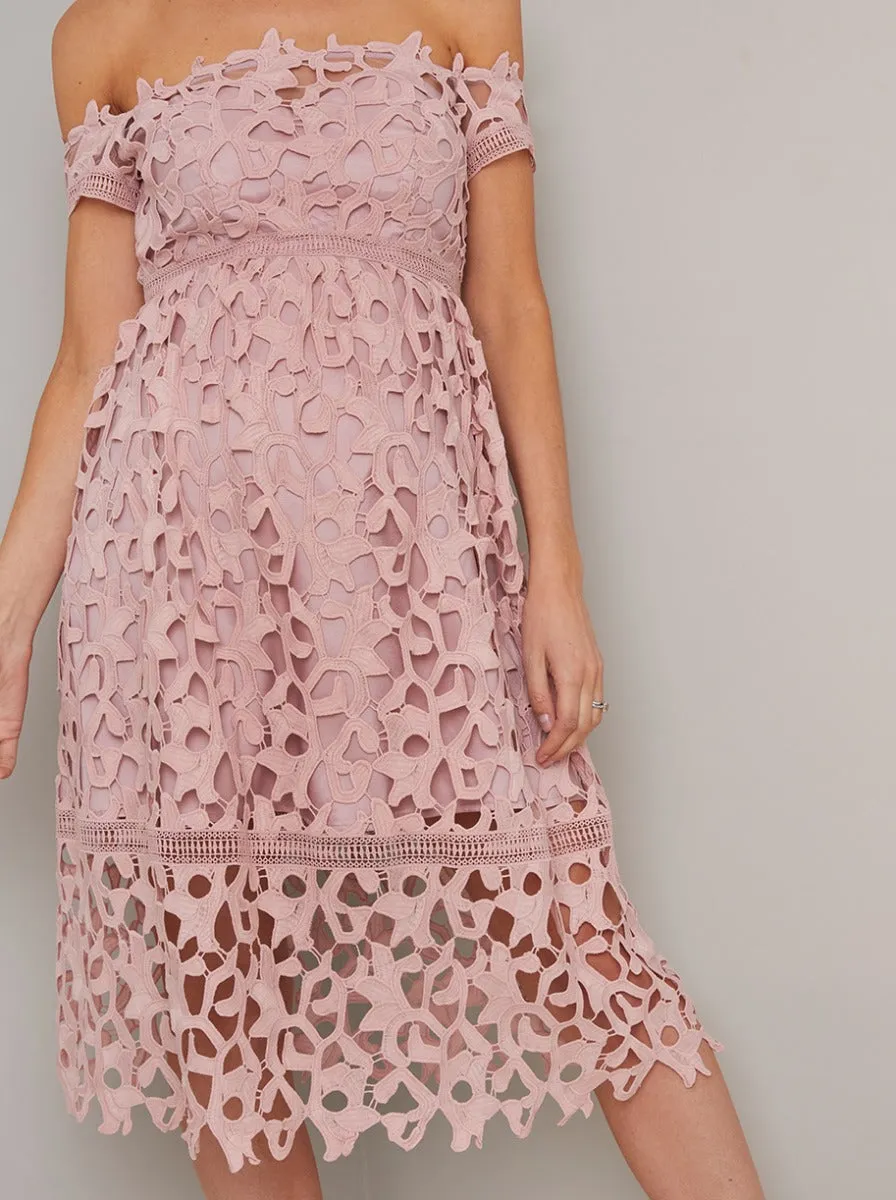Maternity Bardot Crochet Midi Dress in Pink sold by Chi Chi London product image thumbnail 2