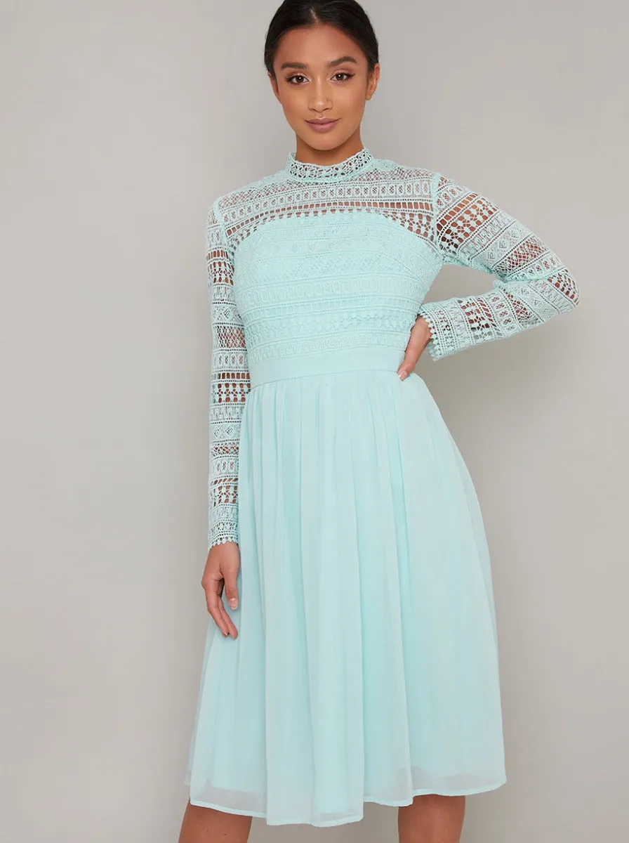 Petite Long Sleeved Crochet Midi Dress in Green sold by Chi Chi London product image thumbnail 2