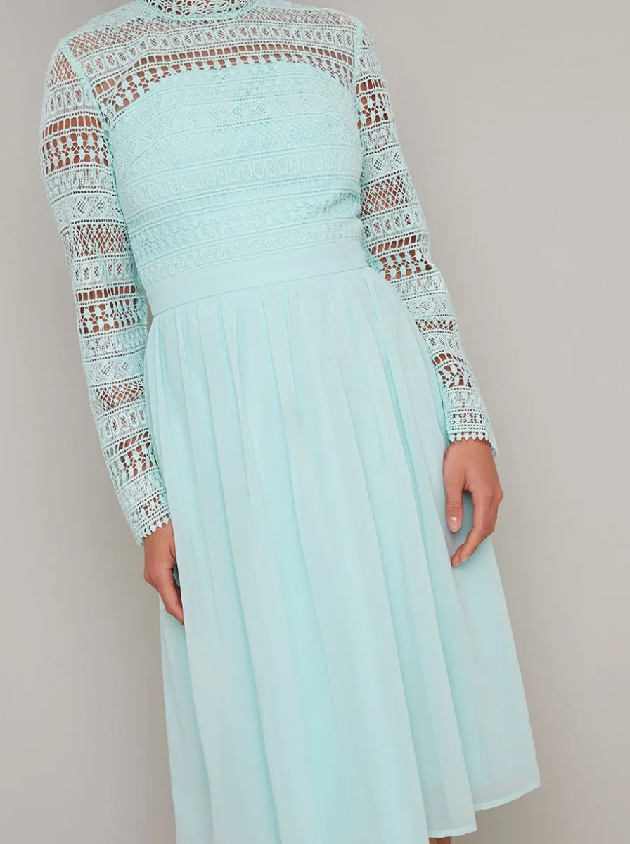 Petite Long Sleeved Crochet Midi Dress in Green sold by Chi Chi London product image thumbnail 3
