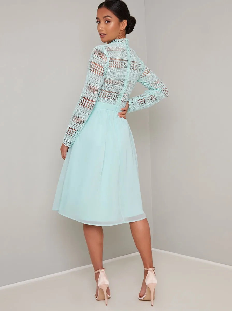 Petite Long Sleeved Crochet Midi Dress in Green sold by Chi Chi London product image thumbnail 4