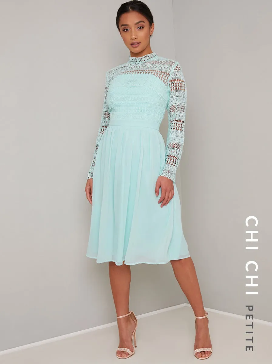 Petite Long Sleeved Crochet Midi Dress in Green sold by Chi Chi London