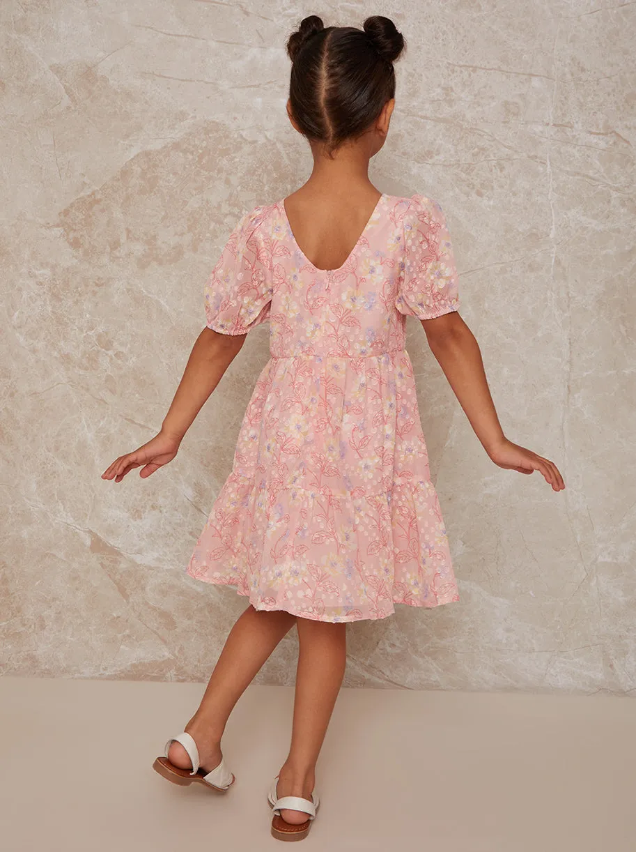 Girls Puff Sleeve Textured Floral Print Dress in Pink sold by Chi Chi London product image thumbnail 4