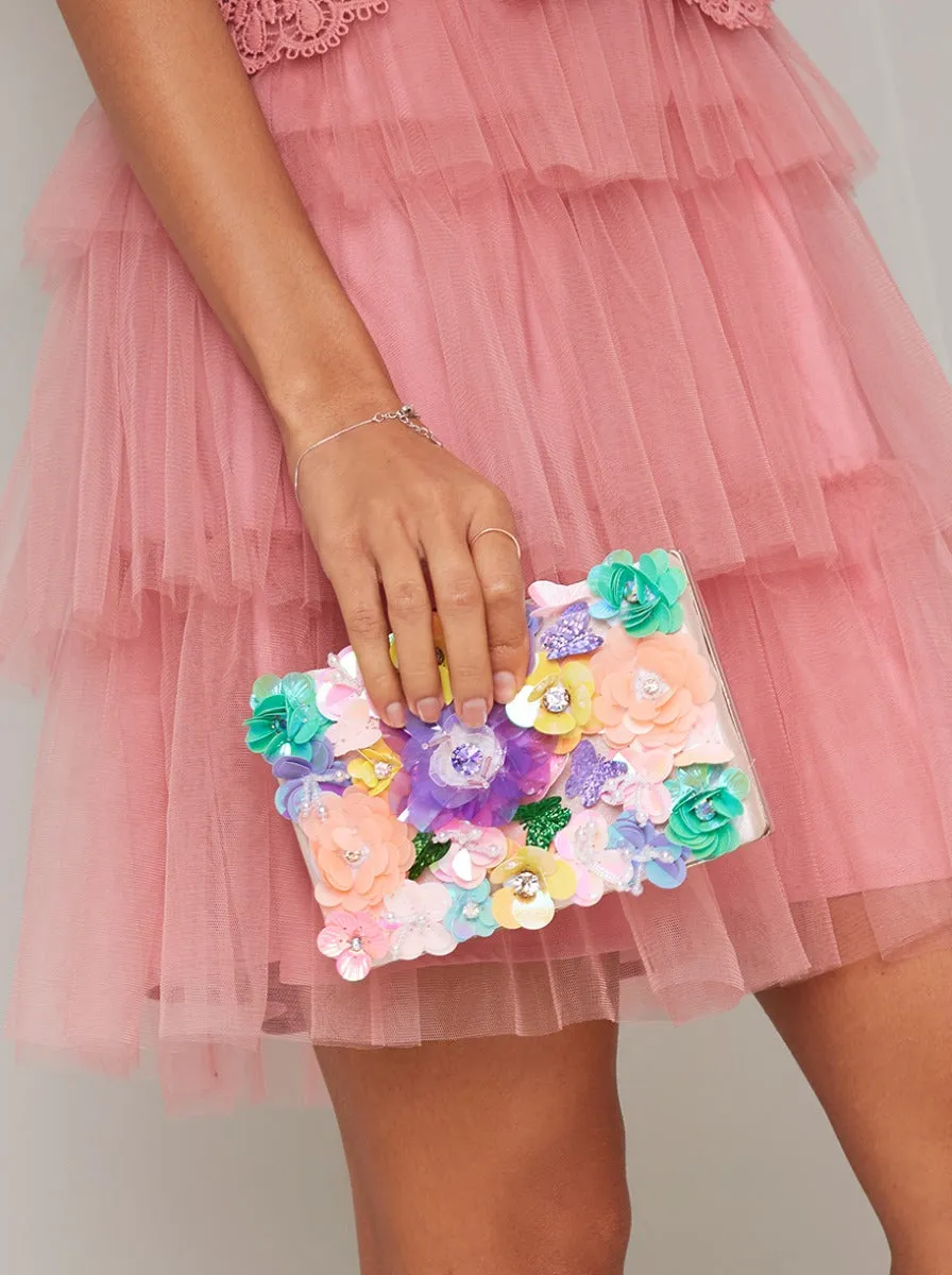 3D Floral Clutch Bag in Pink sold by Chi Chi London