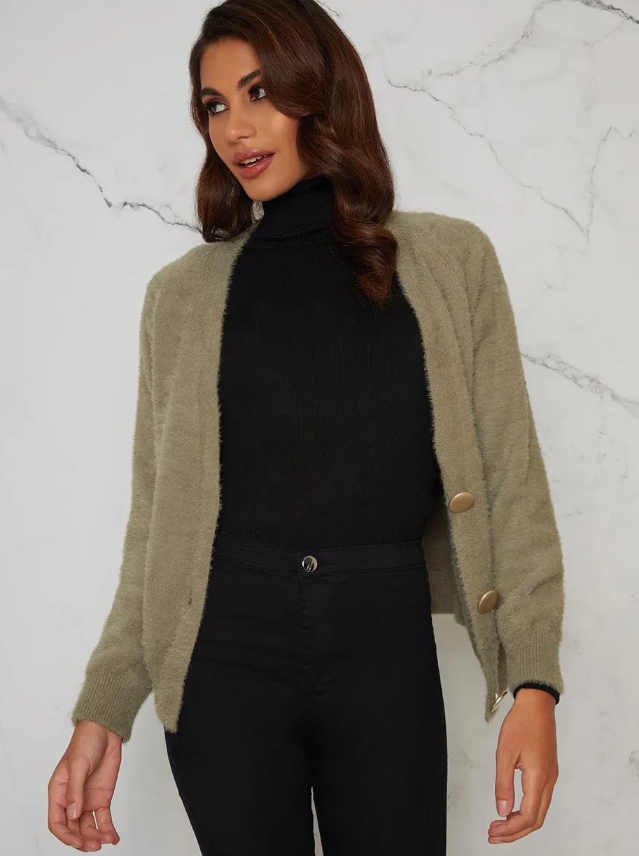Gold Button Relaxed Fit Cardigan in Green sold by Chi Chi London