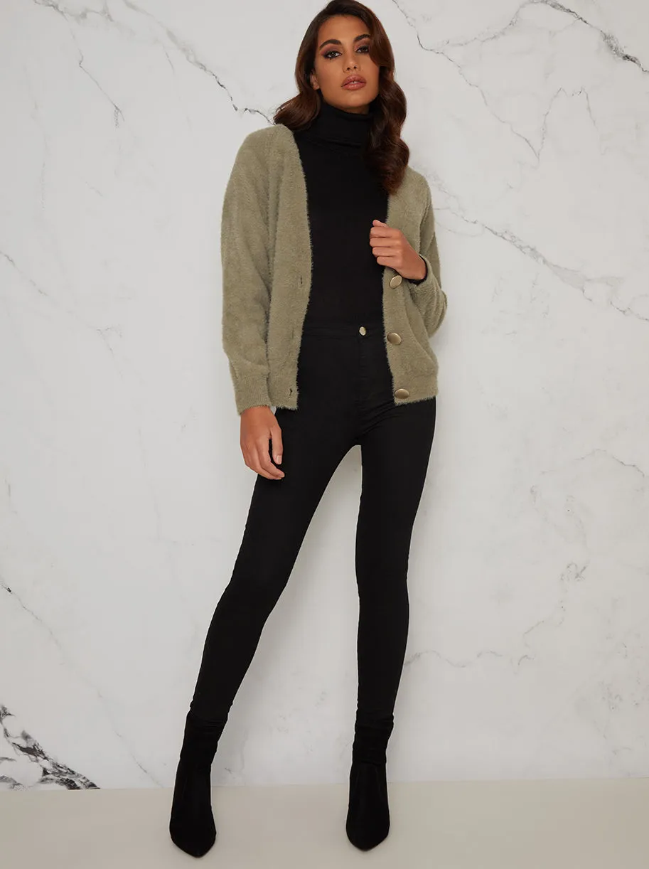 Gold Button Relaxed Fit Cardigan in Green sold by Chi Chi London product image thumbnail 3