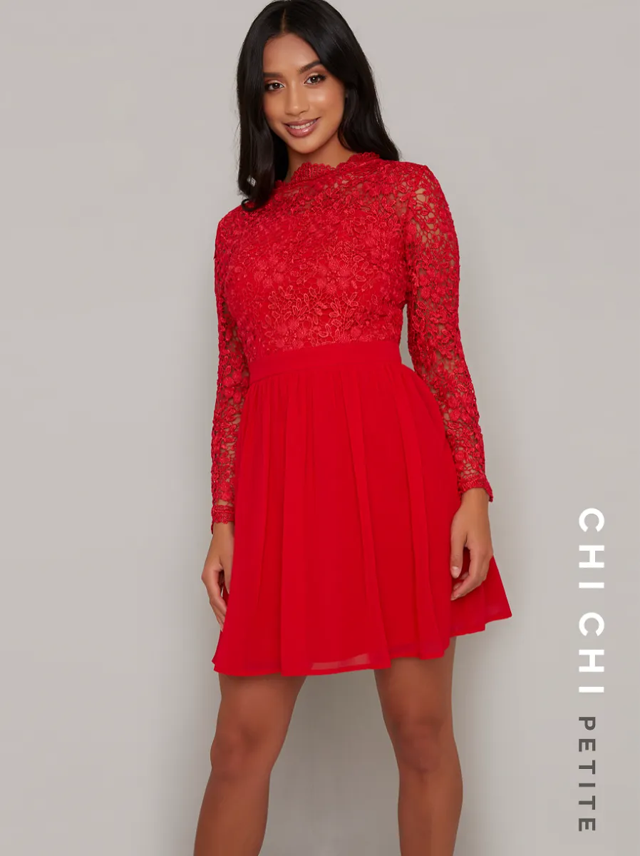 Petite Crochet Mini Dress with Fitted Bodice in Red sold by Chi Chi London