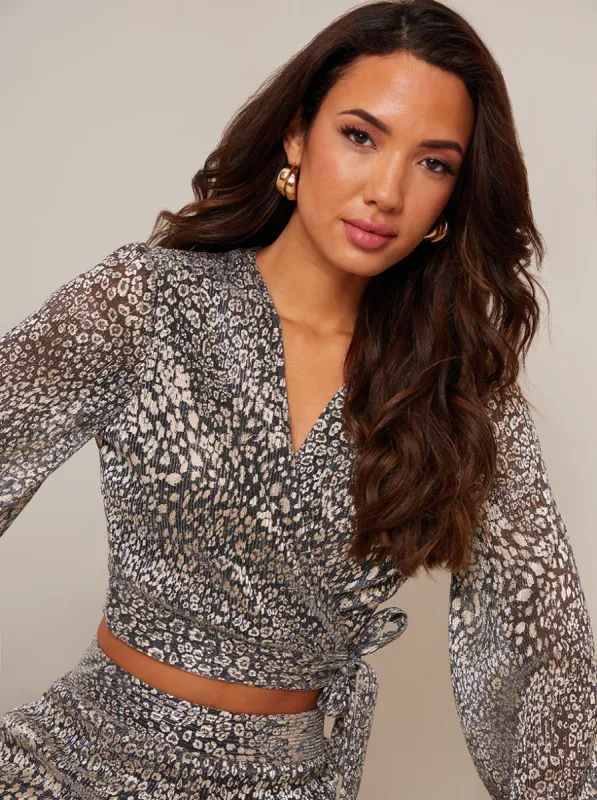 Long Sleeve Animal Print Wrap Top in Gold sold by Chi Chi London