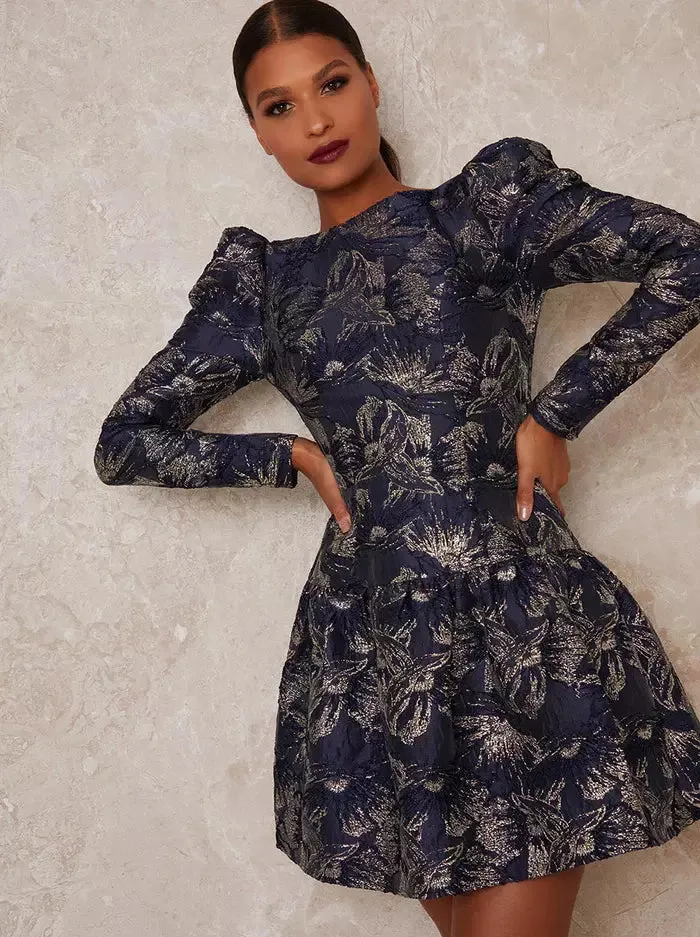 Long Sleeve Jacquard Mini Dress in Blue sold by Chi Chi London