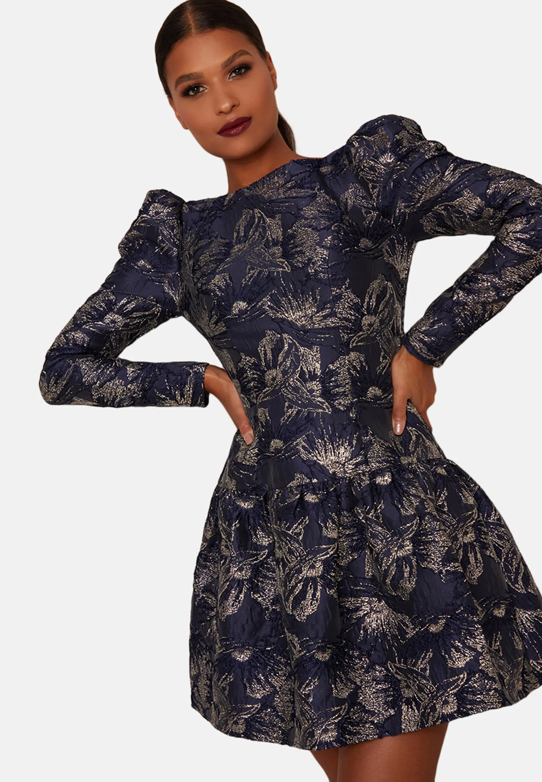 Long Sleeve Jacquard Mini Dress in Blue sold by Chi Chi London product image thumbnail 5