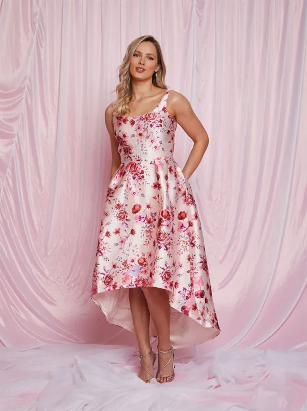 Sleeveless Floral Dip Hem Dress in Pink made by Chi Chi London