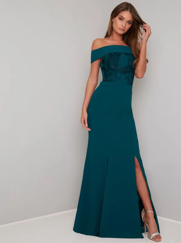 Bardot Neck Lace Detail Maxi Dress in Green sold by Chi Chi London