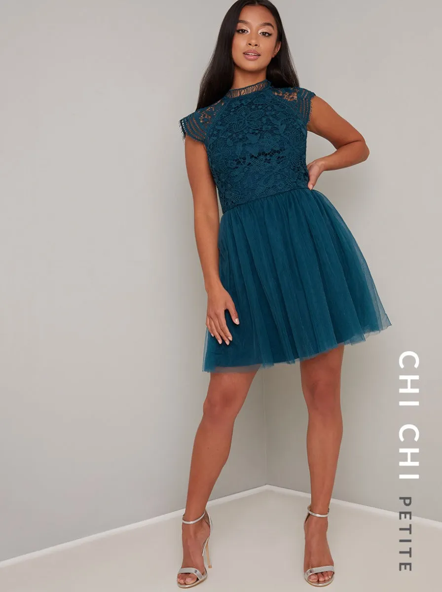 Petite Crochet Lace Tulle Mini Dress in Green sold by Chi Chi London product image thumbnail 2