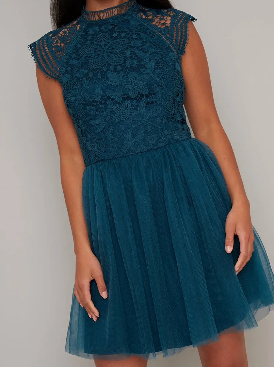Petite Crochet Lace Tulle Mini Dress in Green sold by Chi Chi London product image thumbnail 3