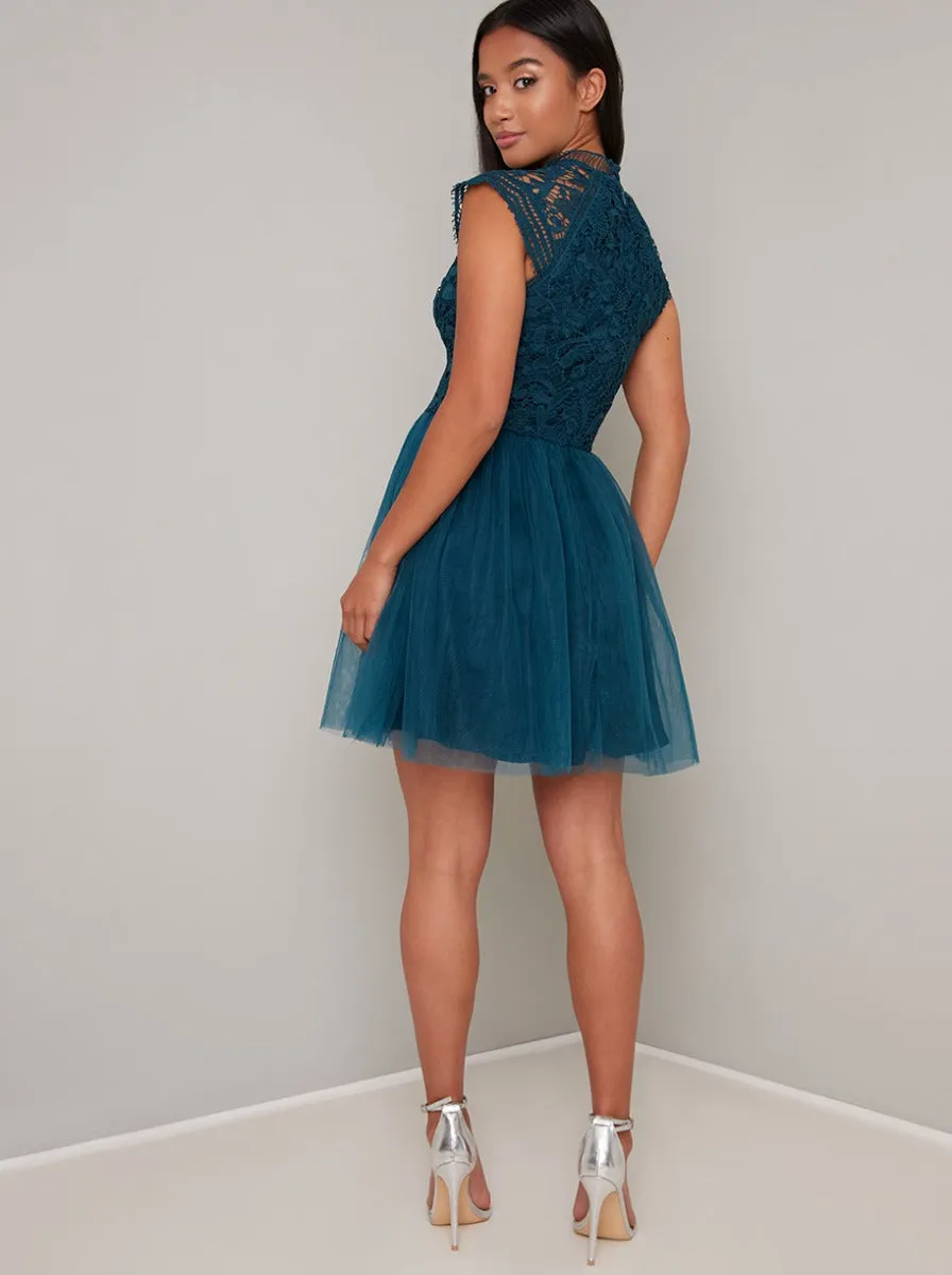 Petite Crochet Lace Tulle Mini Dress in Green sold by Chi Chi London product image thumbnail 4