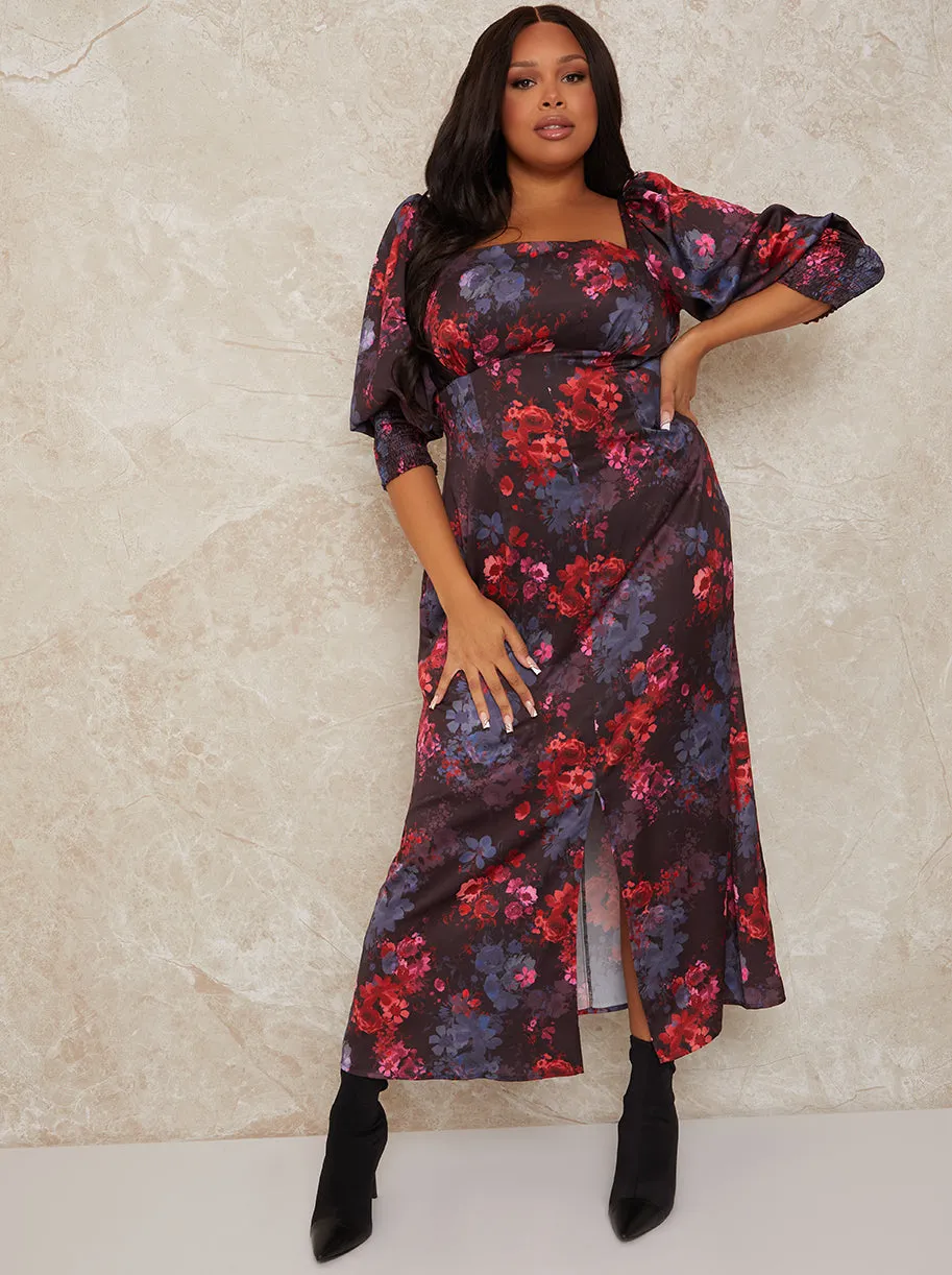 Plus Size Long Sleeve Square Neck Floral Midi Dress in Black sold by Chi Chi London
