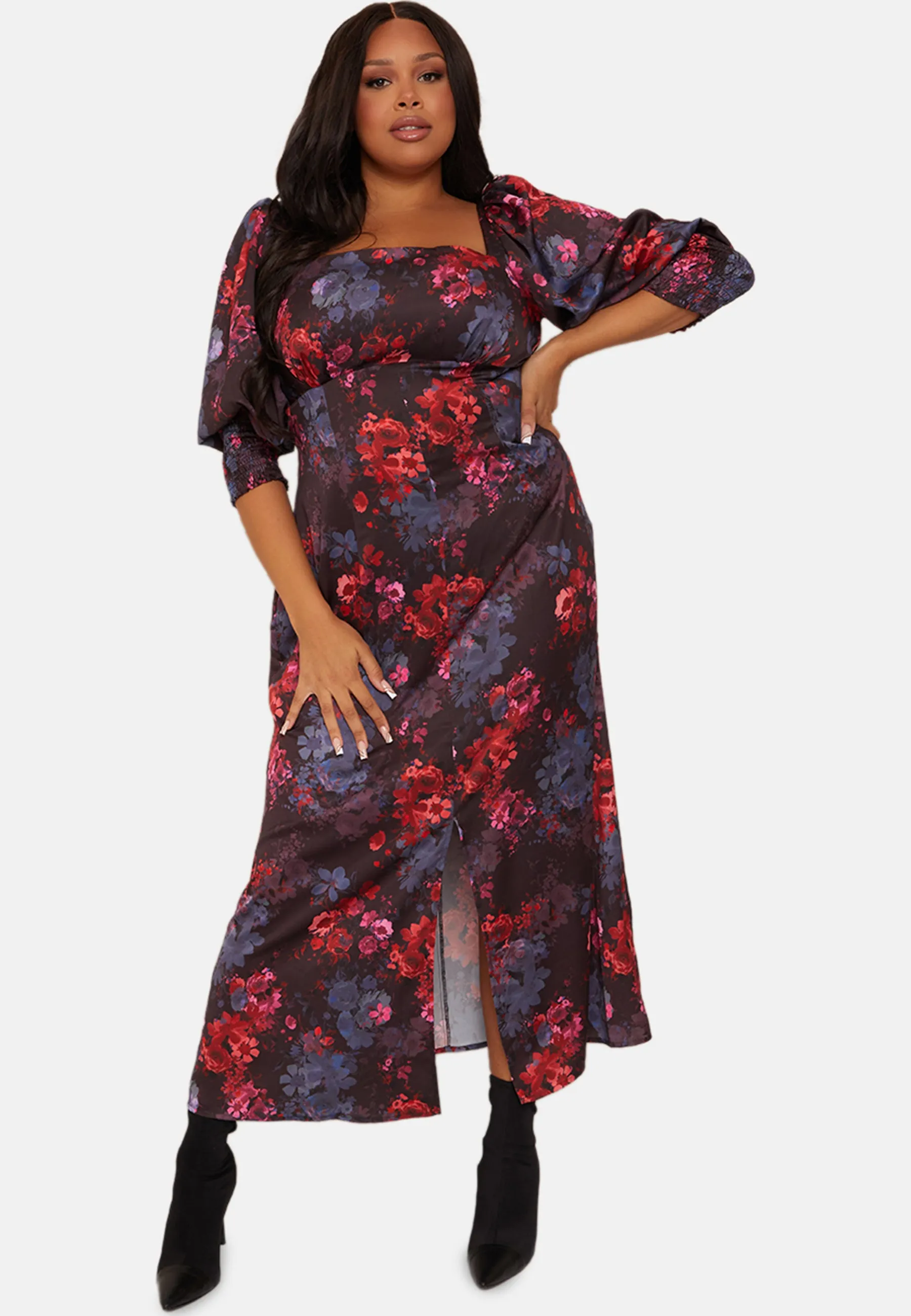 Plus Size Long Sleeve Square Neck Floral Midi Dress in Black sold by Chi Chi London product image thumbnail 5