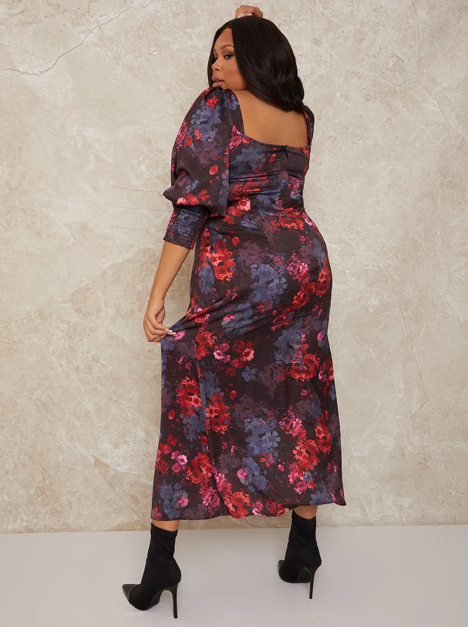 Plus Size Long Sleeve Square Neck Floral Midi Dress in Black sold by Chi Chi London product image thumbnail 3