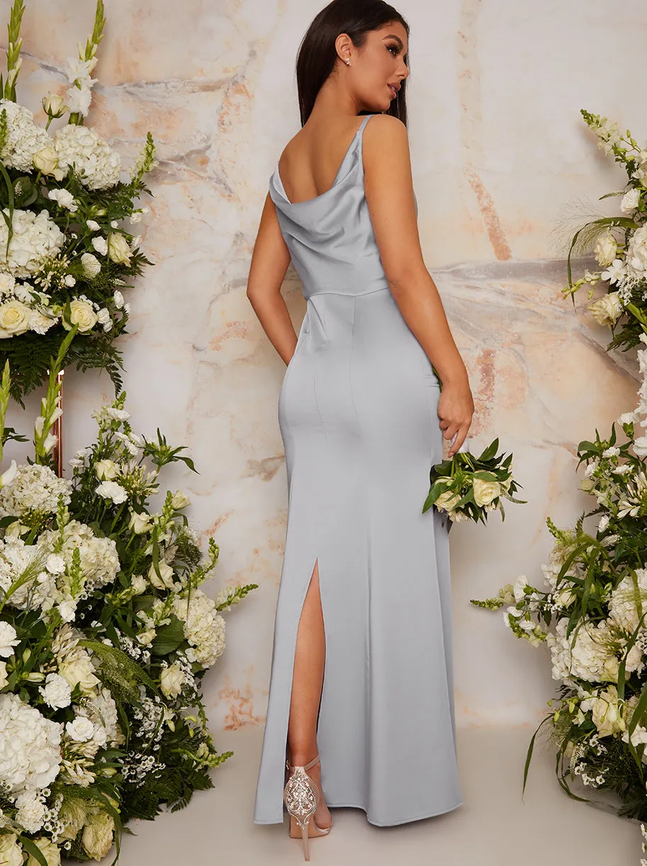 Cowl Neck Satin Slip Maxi Dress in Blue sold by Chi Chi London