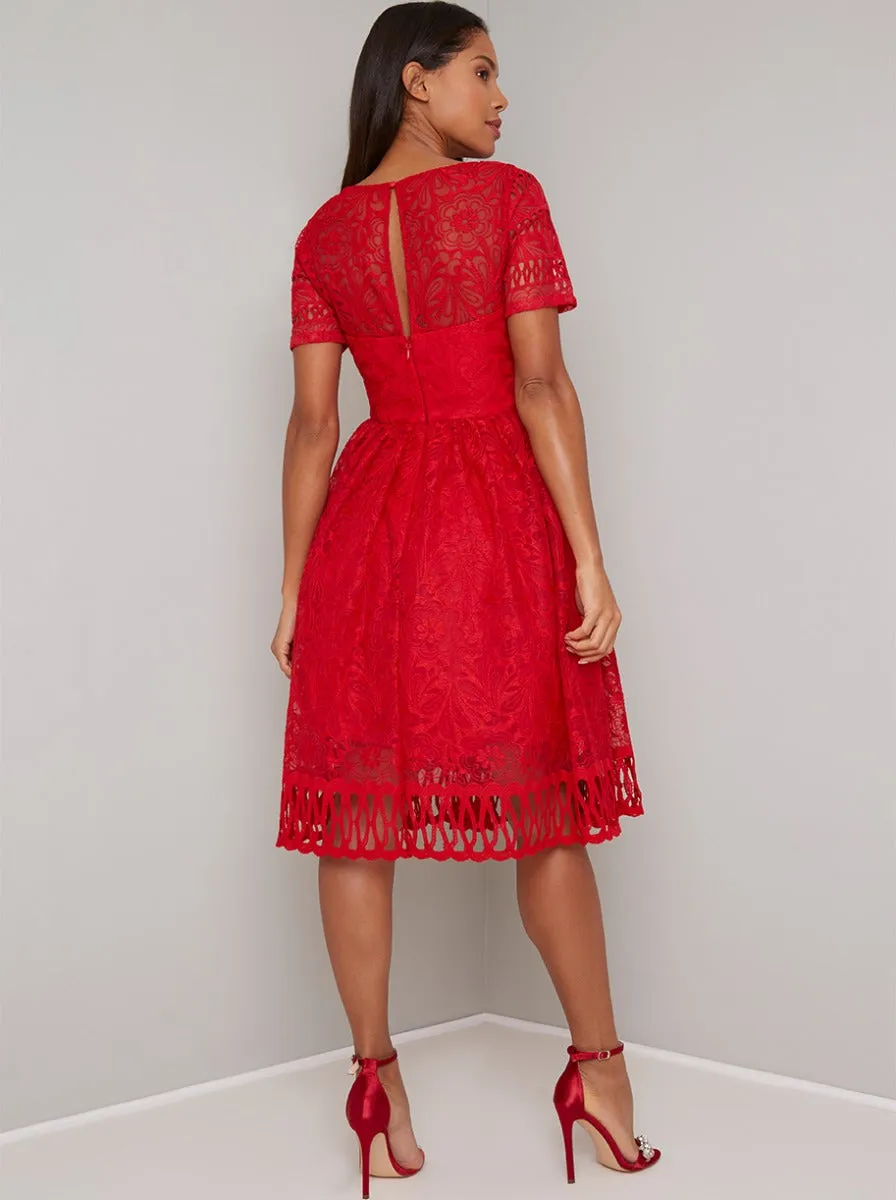 Crochet Lace Short Sleeved Midi Dress in Red sold by Chi Chi London product image thumbnail 4
